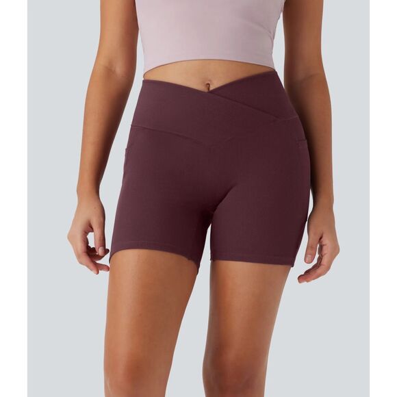 HALARA NWT Plum High Waisted Crossover Side Pocket Waffle Yoga Biker Shorts 5'' - Picture 1 of 11
